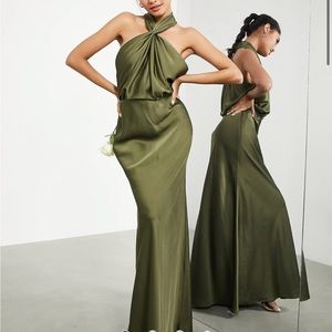 ASOS edition satin ruched halter neck maxi dress in olive NWT NEVER WORN